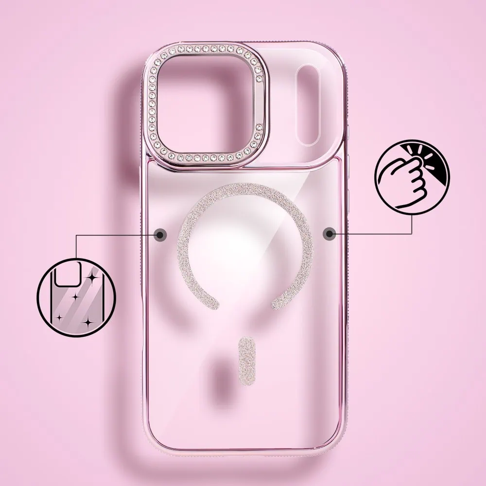 etui do iphone 18 pro diadem glow, przeźroczyste z magsafe, błyszczące z podstawką, różowe