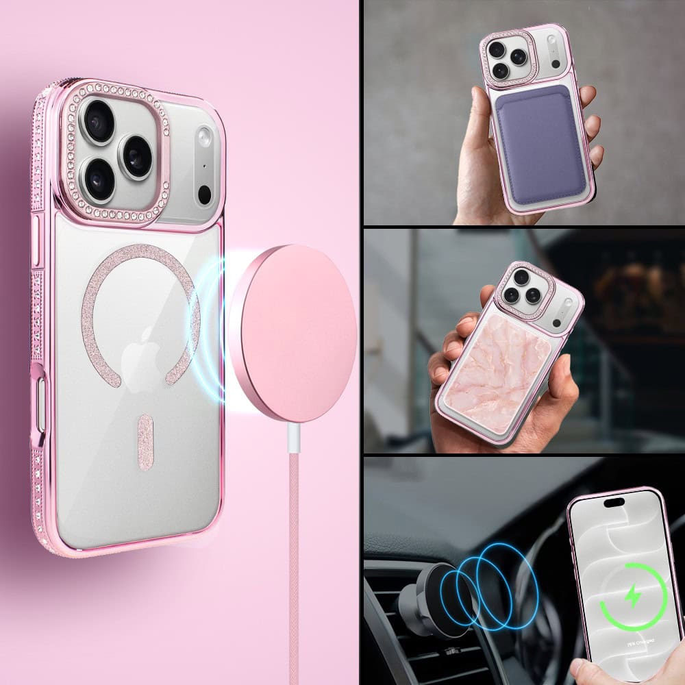 etui do iphone 18 pro diadem glow, przeźroczyste z magsafe, błyszczące z podstawką, różowe