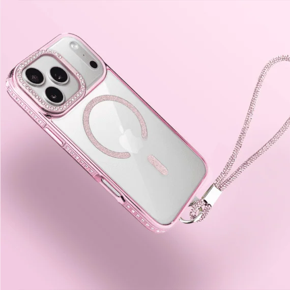etui do iphone 18 pro diadem glow, przeźroczyste z magsafe, błyszczące z podstawką, różowe