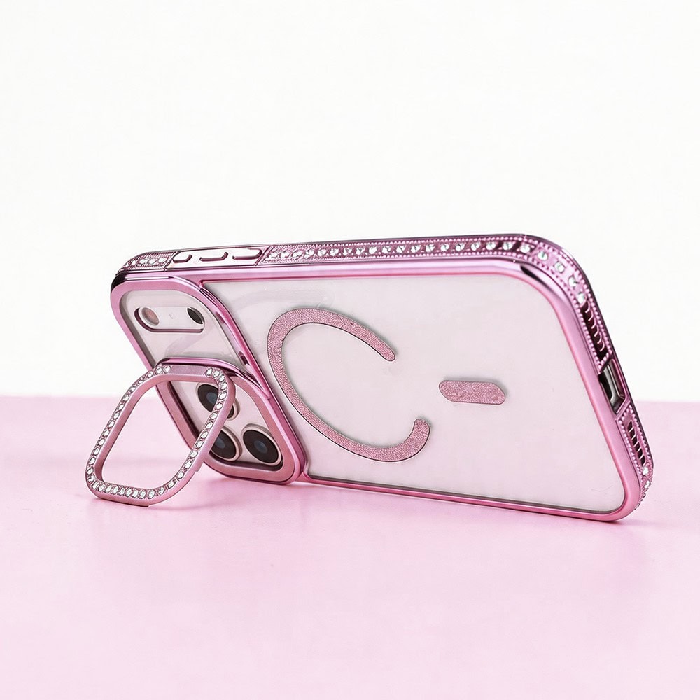 etui do iphone 18 pro diadem glow, przeźroczyste z magsafe, błyszczące z podstawką, różowe