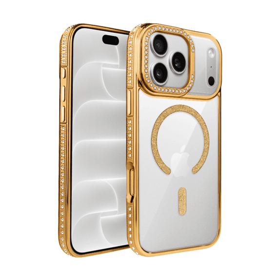 etui do iphone 18 pro diadem glow, przeźroczyste z magsafe, błyszczące z podstawką, złote