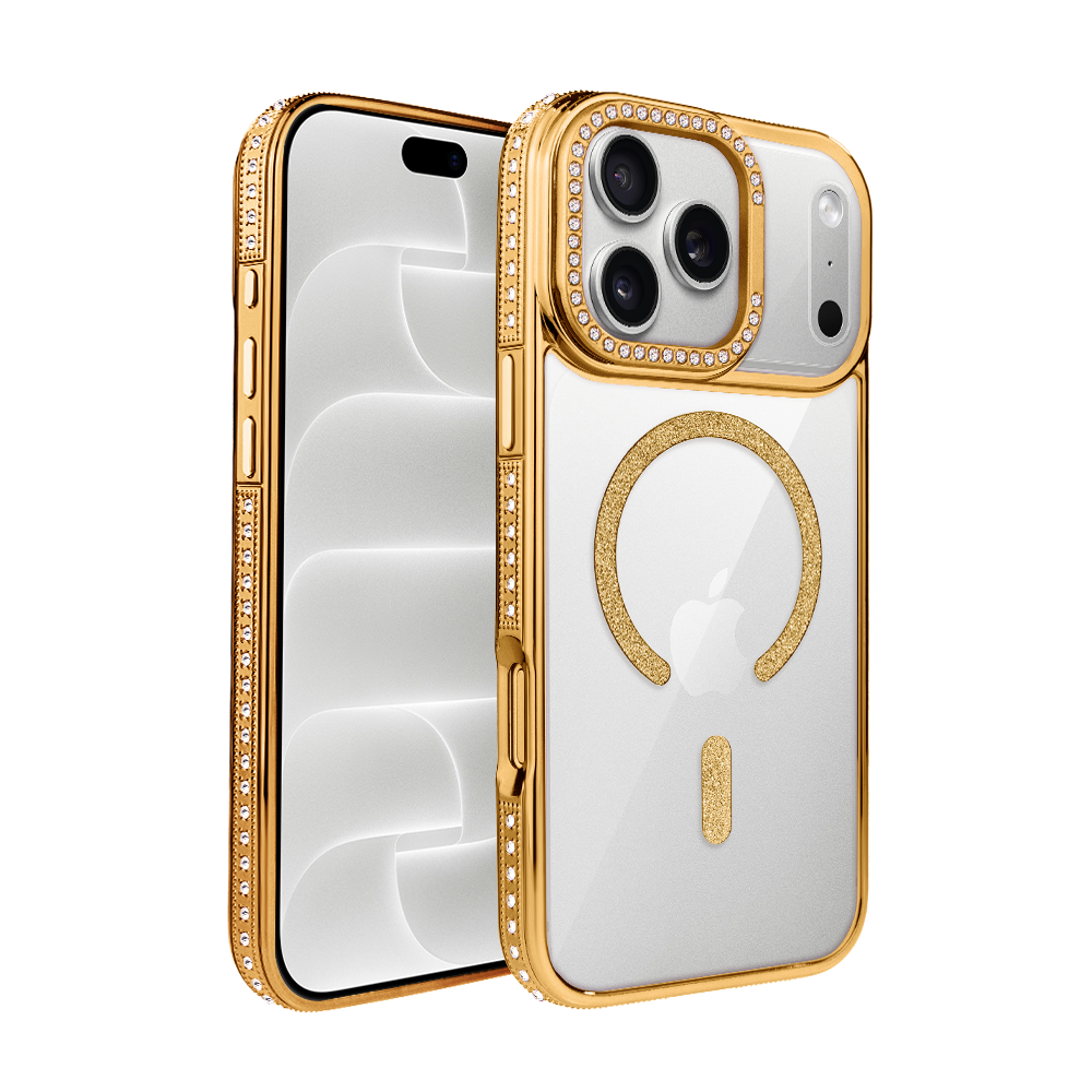 etui do iphone 18 pro diadem glow, przeźroczyste z magsafe, błyszczące z podstawką, złote