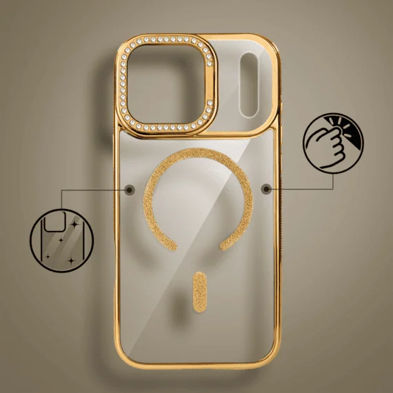 etui do iphone 18 pro diadem glow, przeźroczyste z magsafe, błyszczące z podstawką, złote