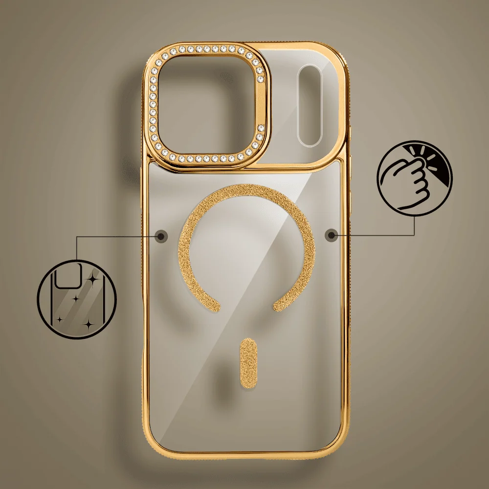 etui do iphone 18 pro diadem glow, przeźroczyste z magsafe, błyszczące z podstawką, złote
