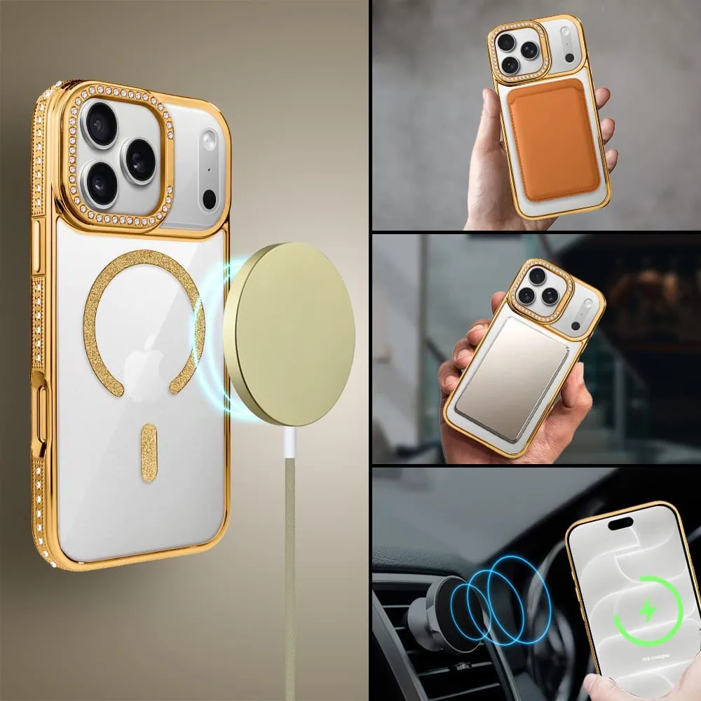 etui do iphone 18 pro diadem glow, przeźroczyste z magsafe, błyszczące z podstawką, złote