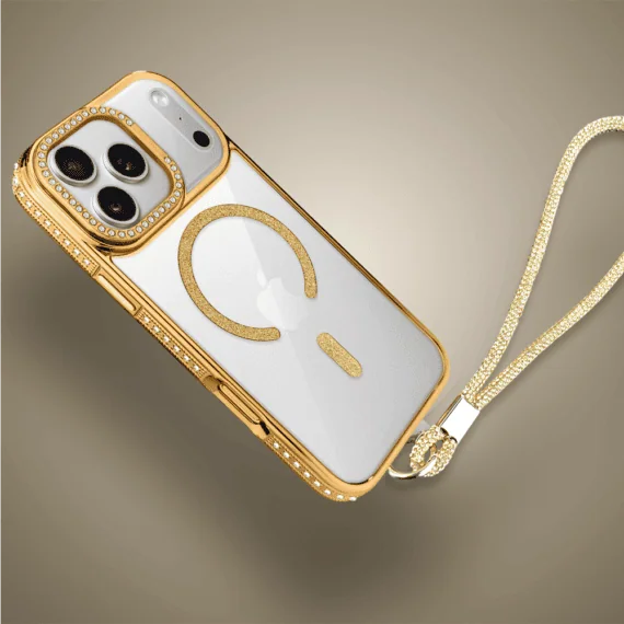 etui do iphone 18 pro diadem glow, przeźroczyste z magsafe, błyszczące z podstawką, złote