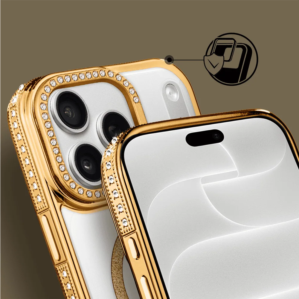 etui do iphone 18 pro diadem glow, przeźroczyste z magsafe, błyszczące z podstawką, złote