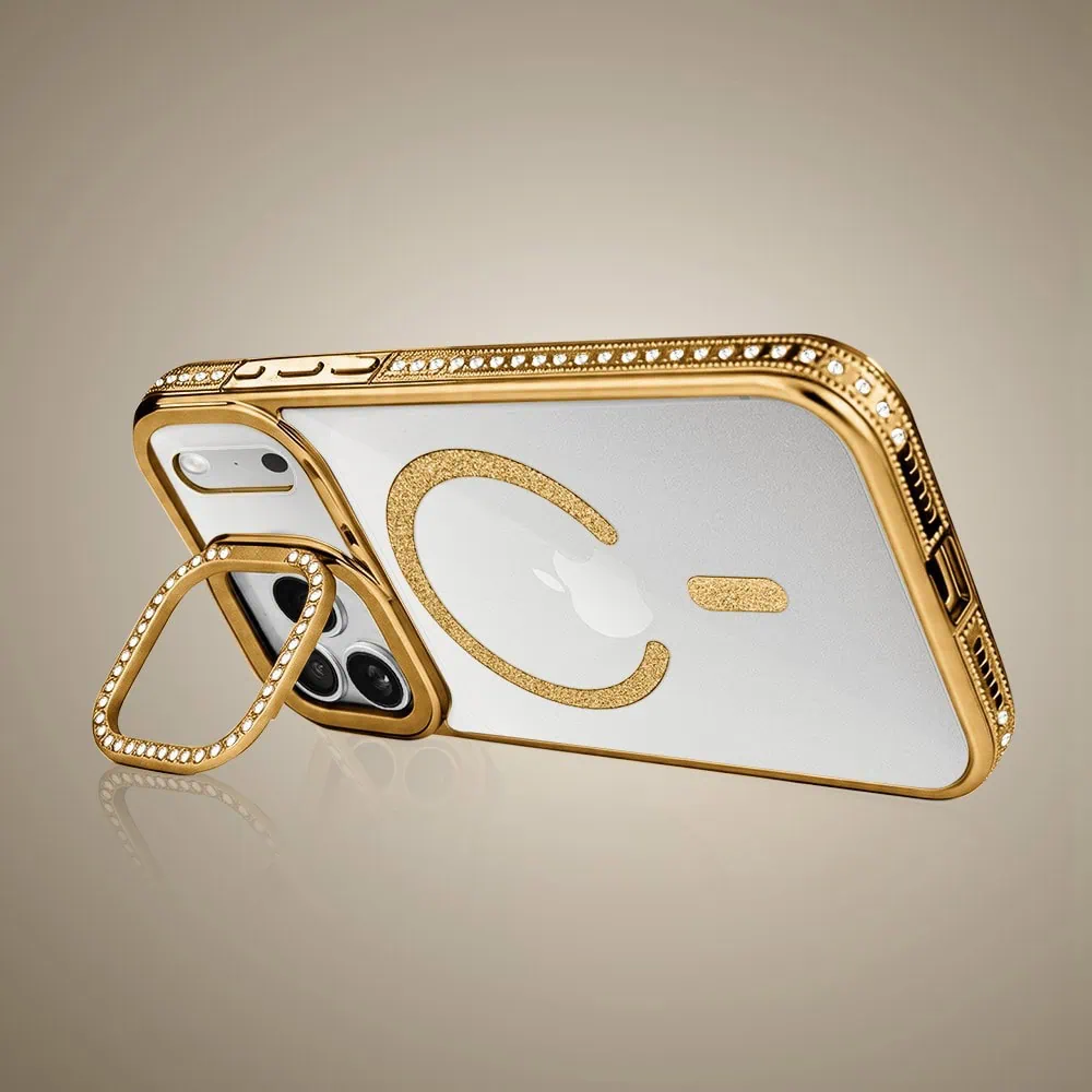 etui do iphone 18 pro diadem glow, przeźroczyste z magsafe, błyszczące z podstawką, złote