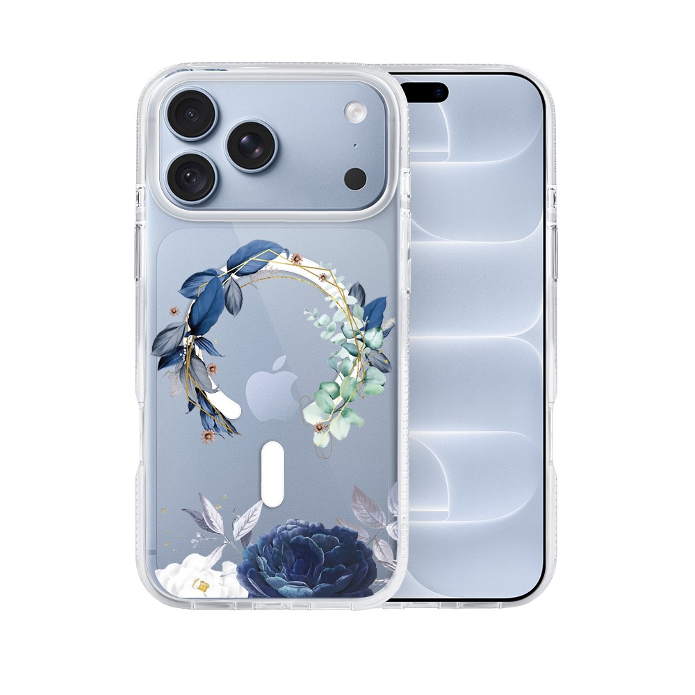 etui do iphone 18 pro flower magsafe, niebieskie kwiaty, przeźroczyste
