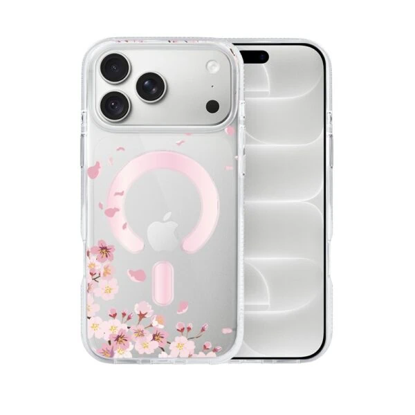 etui do iphone 18 pro, flower magsafe z nadrukiem kwiat wiśni, przeźroczyste