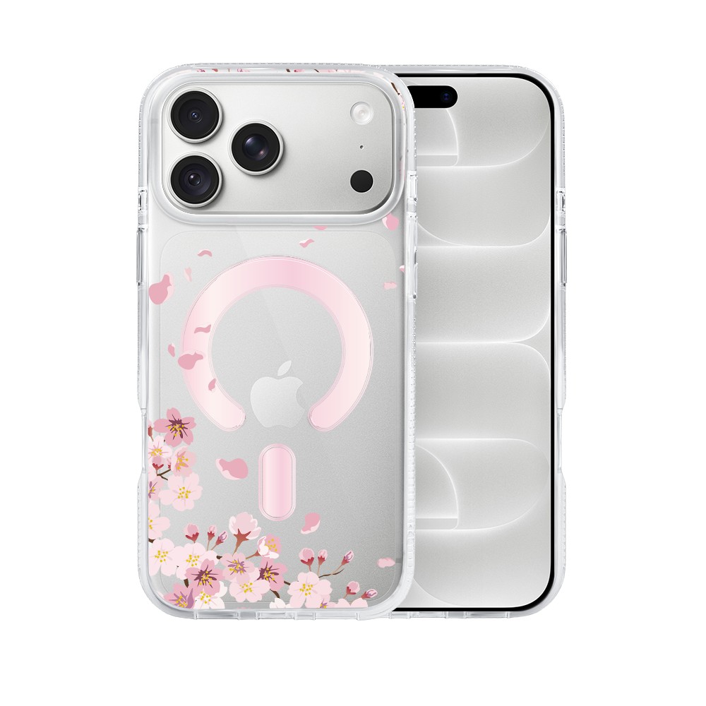 etui do iphone 18 pro, flower magsafe z nadrukiem kwiat wiśni, przeźroczyste