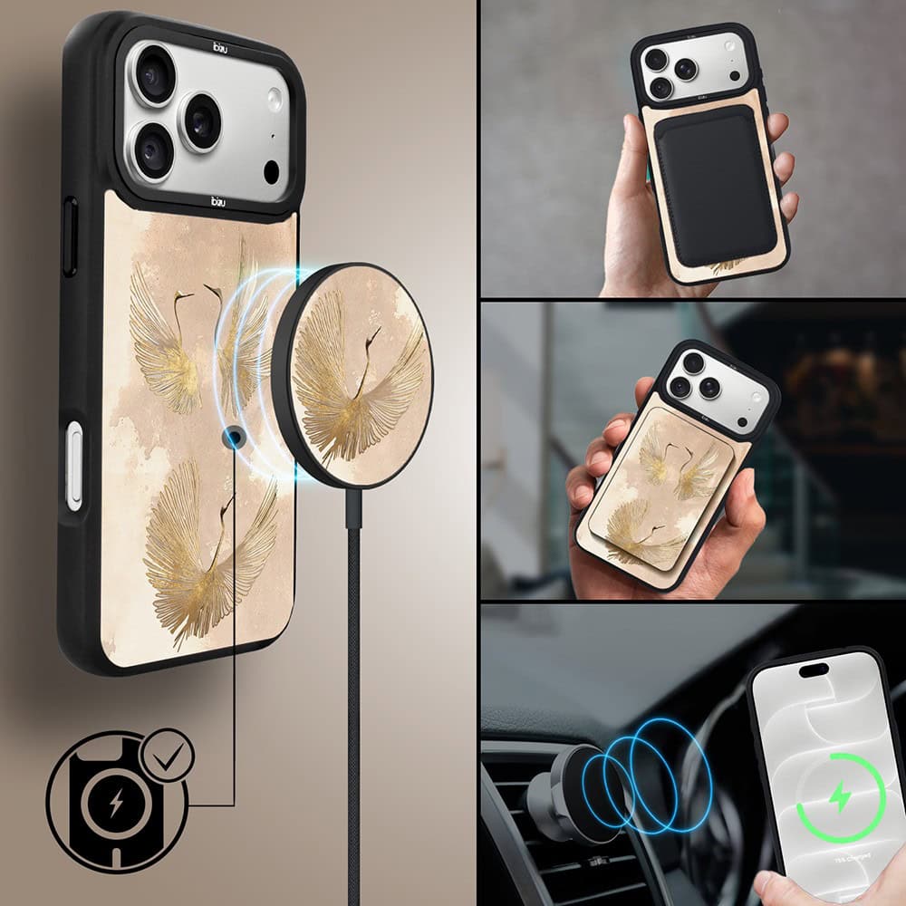 etui do iphone 18 pro ibizu dropguard matt z magsafe, boho, złote żurawie