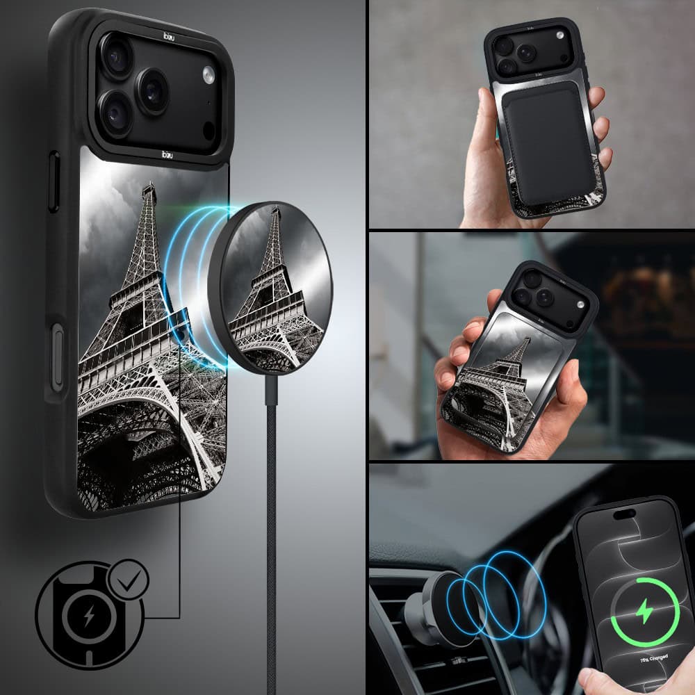 etui do iphone 18 pro ibizu dropguard matt z magsafe, noir city, wieża eiffla