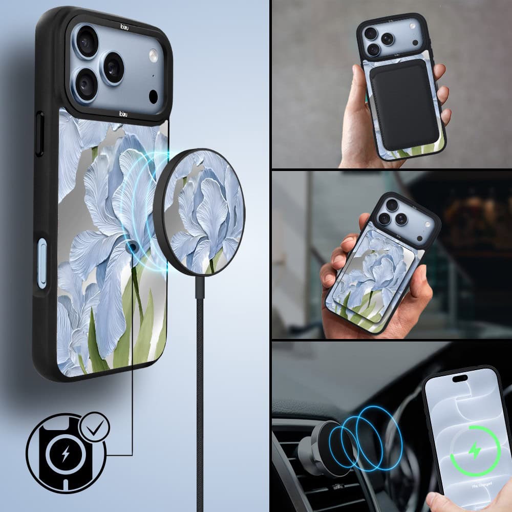 etui do iphone 18 pro ibizu dropguard matt z magsafe, relief garden, błękitny irys