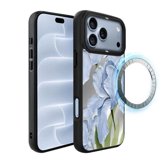 etui do iphone 18 pro ibizu dropguard matt z magsafe, relief garden, błękitny irys