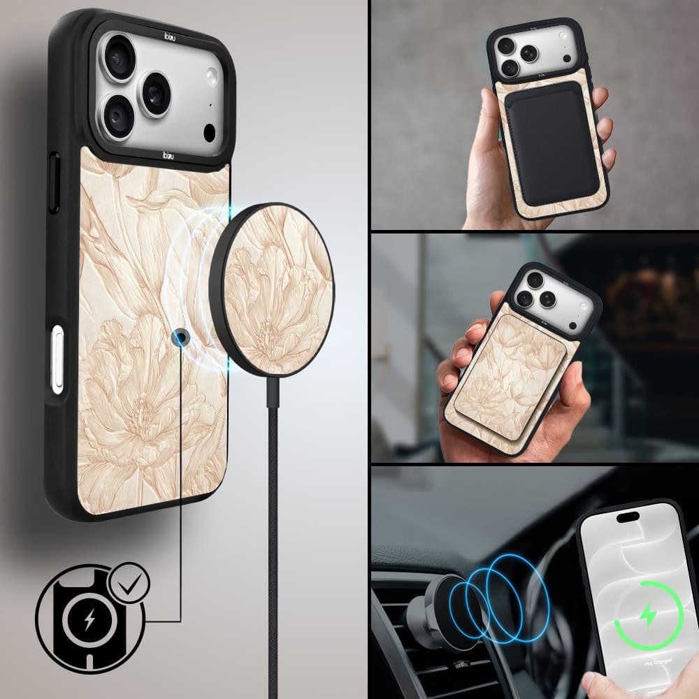etui do iphone 18 pro ibizu dropguard matt z magsafe, relief garden, botaniczny biskwit