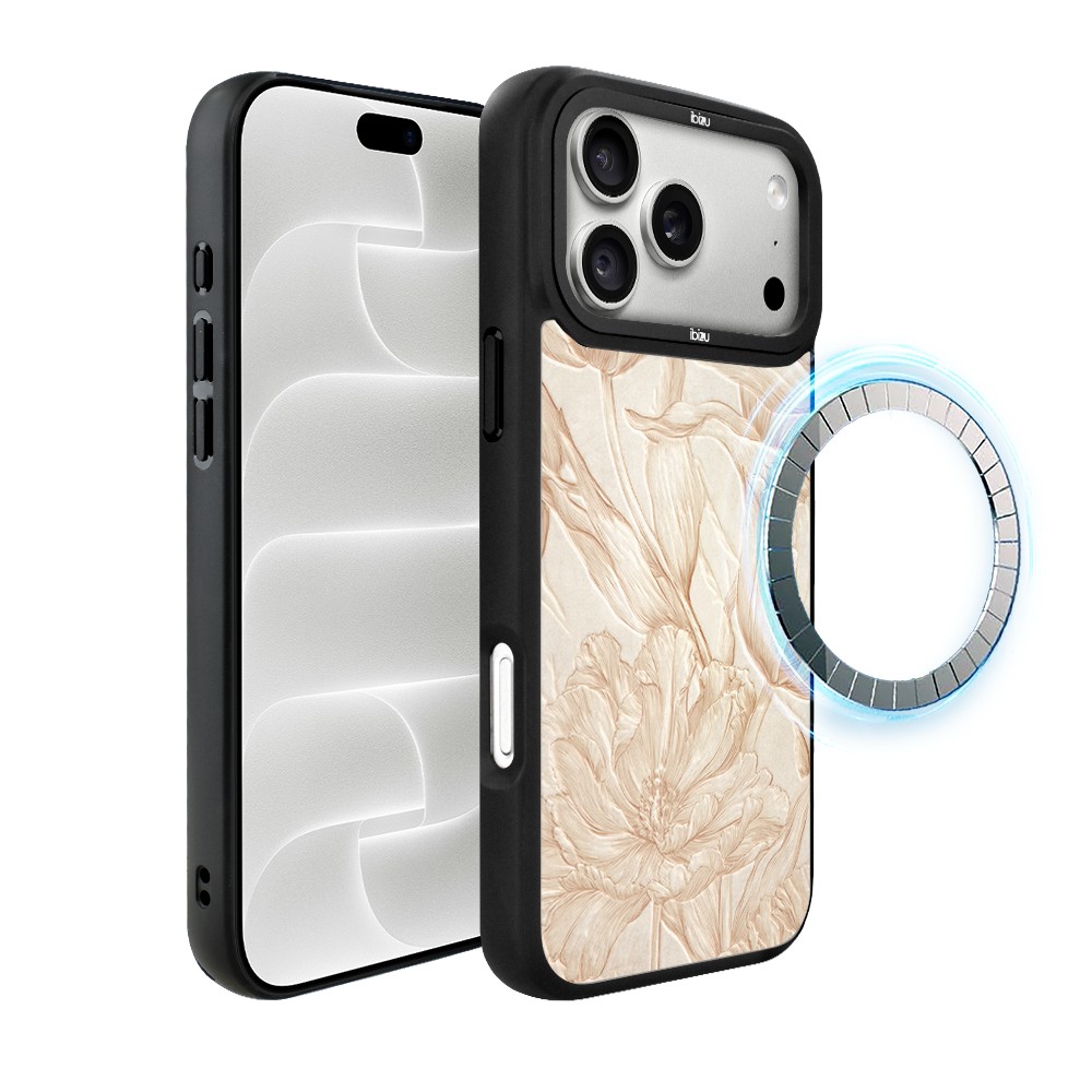 etui do iphone 18 pro ibizu dropguard matt z magsafe, relief garden, botaniczny biskwit