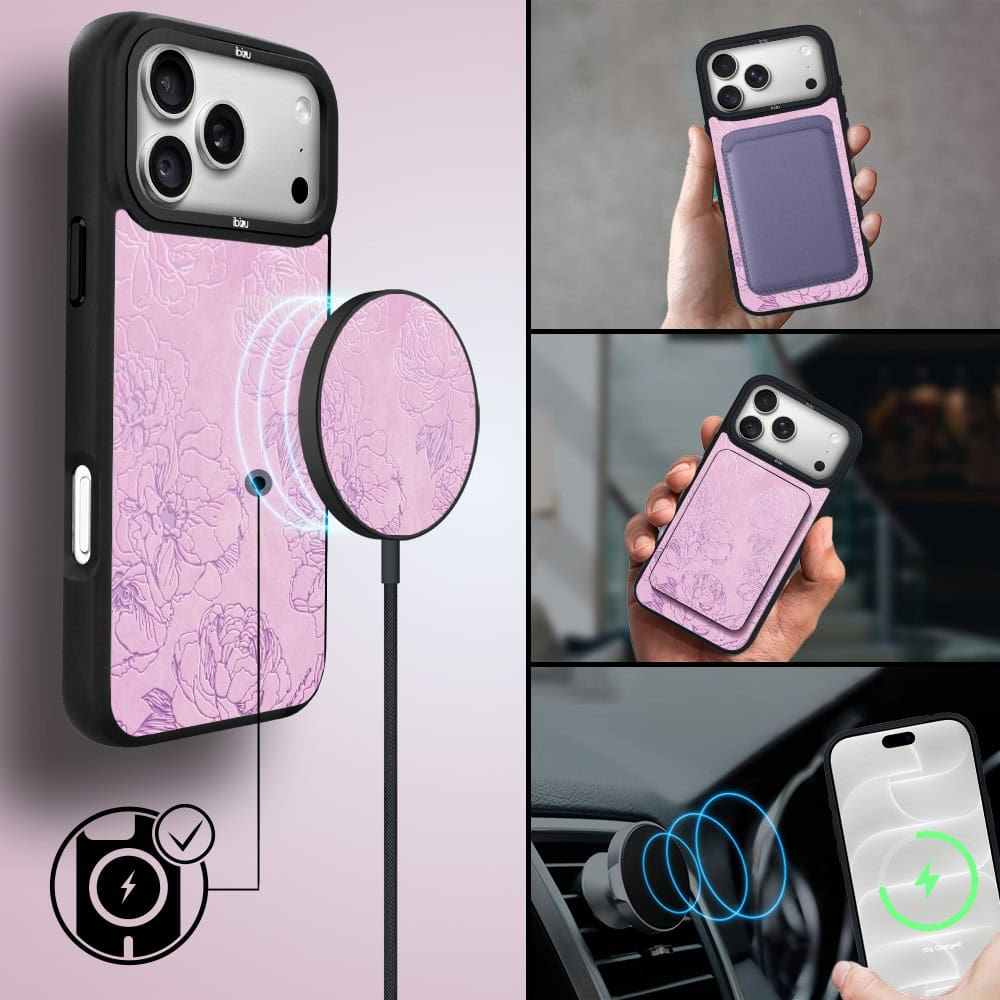 etui do iphone 18 pro ibizu dropguard matt z magsafe, relief garden, różowe piwonie