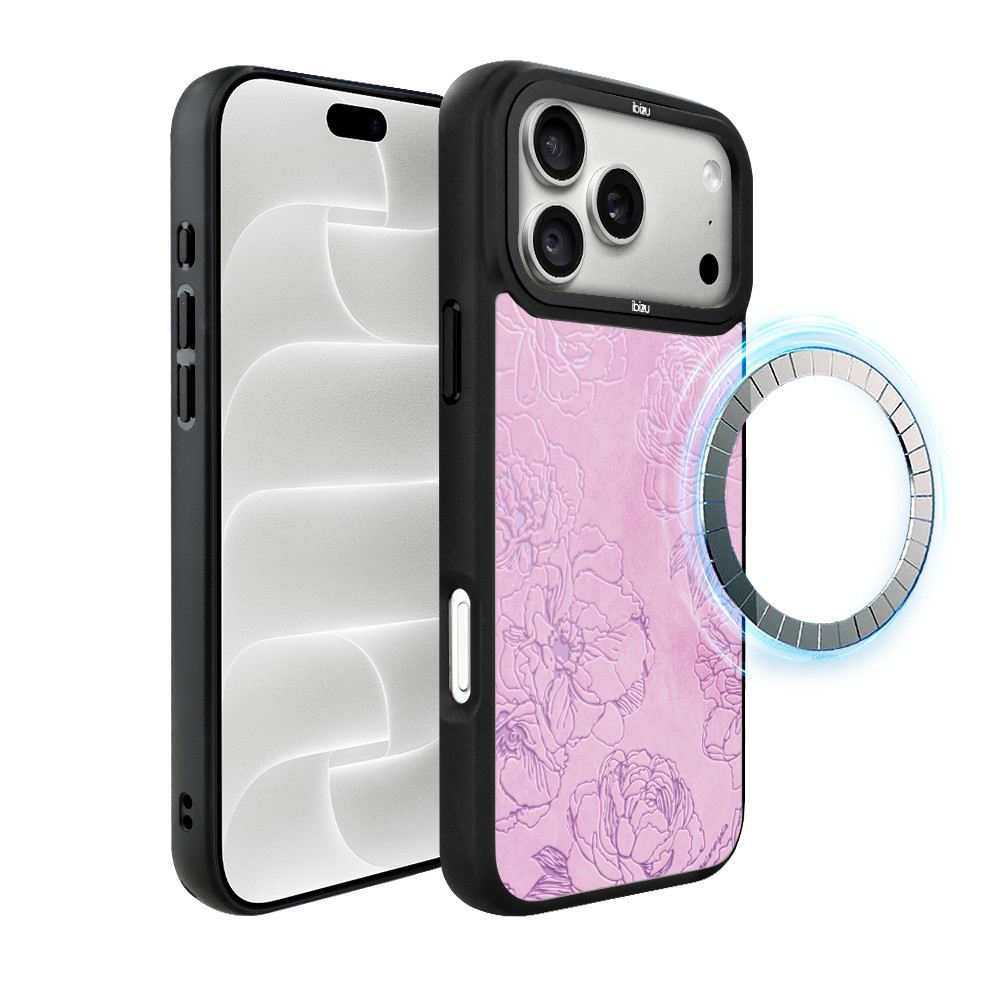 etui do iphone 18 pro ibizu dropguard matt z magsafe, relief garden, różowe piwonie