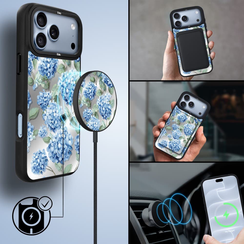 etui do iphone 18 pro ibizu dropguard matt z magsafe, relief garden, szafirowa hortensja