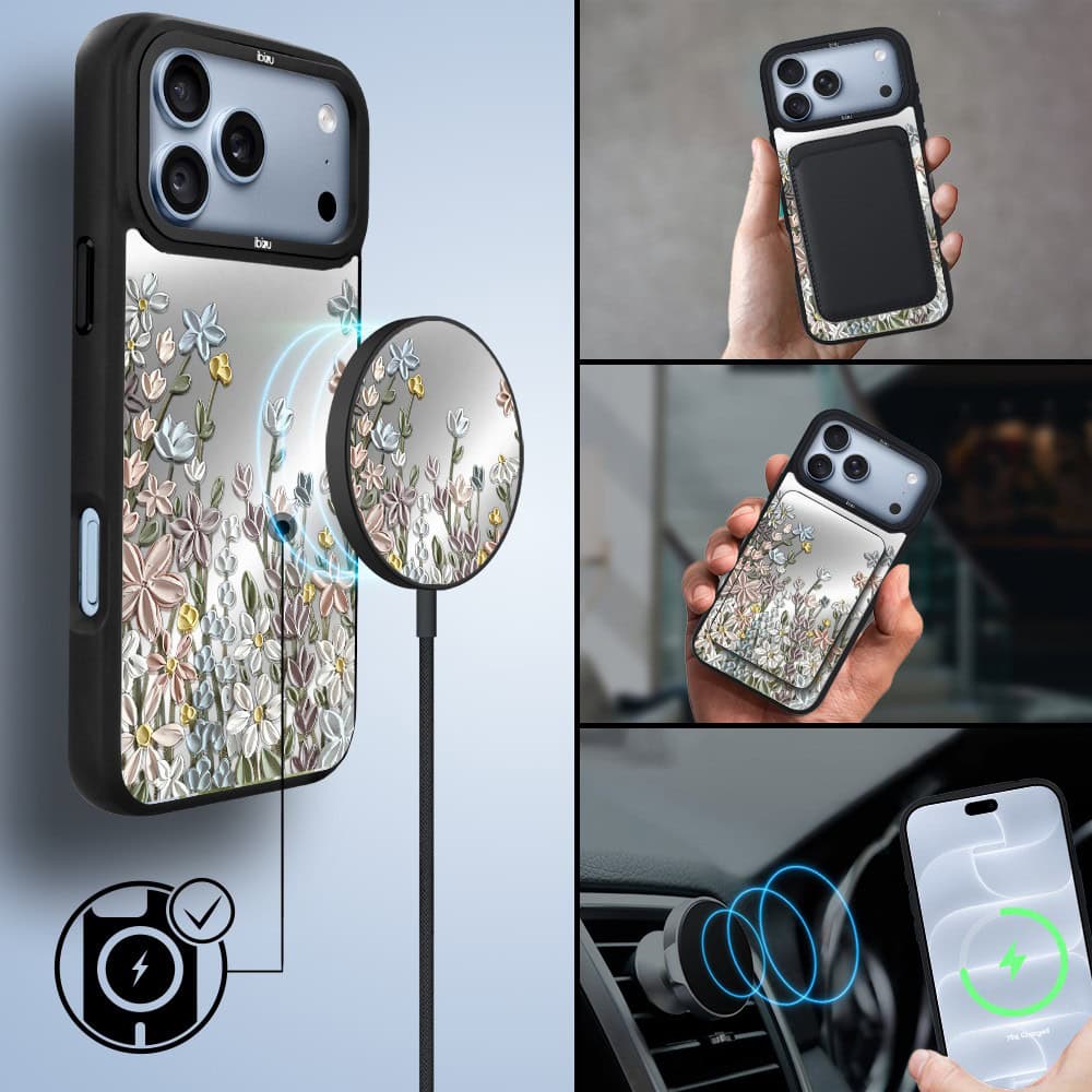 etui do iphone 18 pro ibizu dropguard matt z magsafe, relief garden, wiosenna łąka