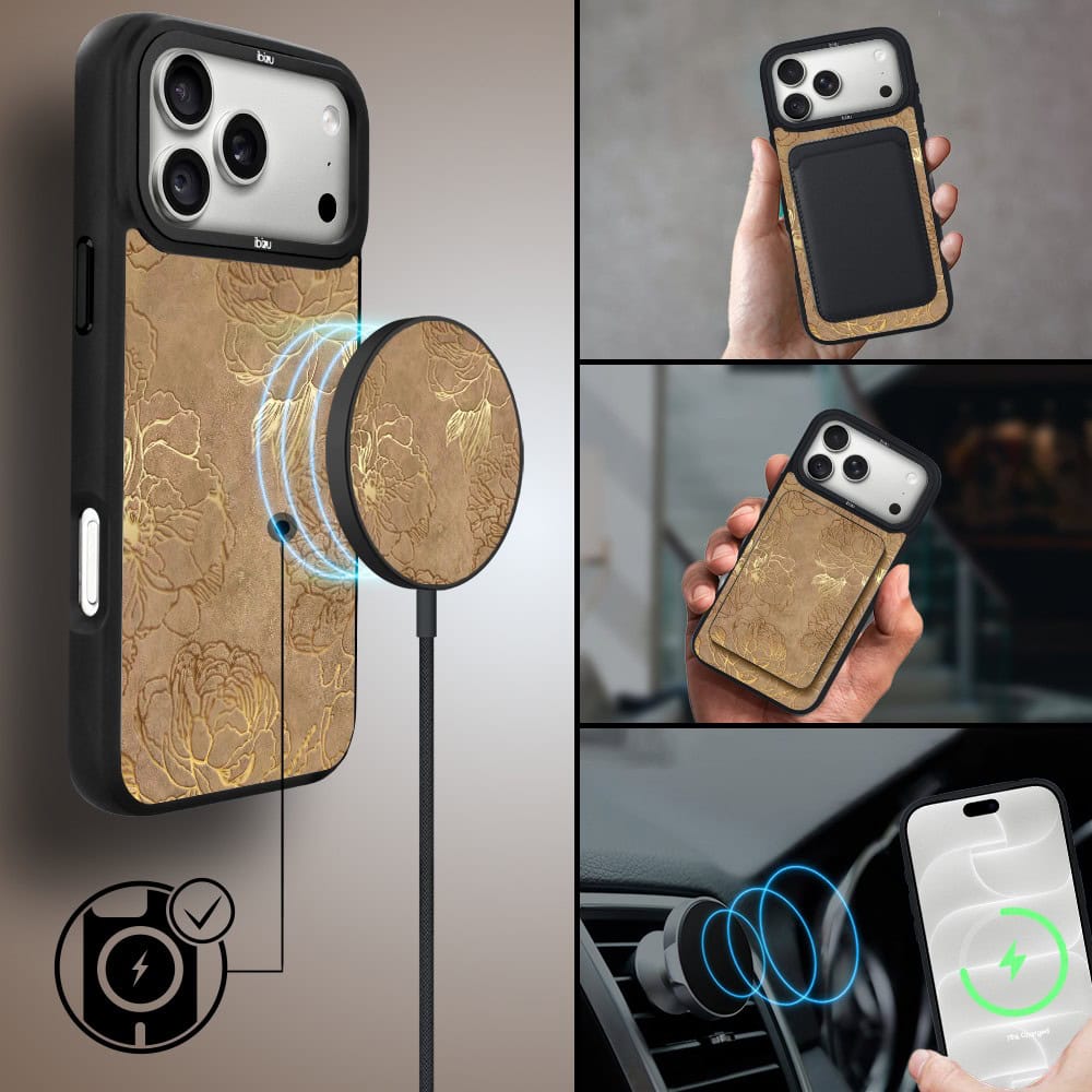 etui do iphone 18 pro ibizu dropguard matt z magsafe, relief garden, złote piwonie
