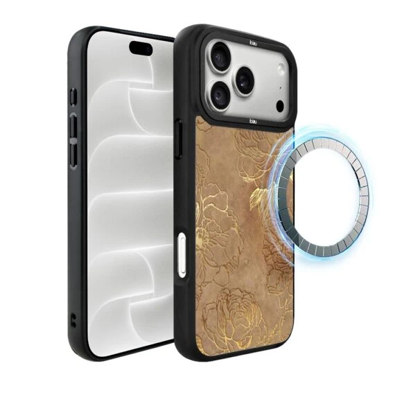 etui do iphone 18 pro ibizu dropguard matt z magsafe, relief garden, złote piwonie