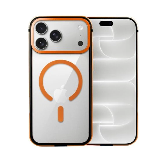 etui do iphone 18 pro ibizu elite skin z magsafe, krystalicznie czyste z metalową ramką, pomarańczowe
