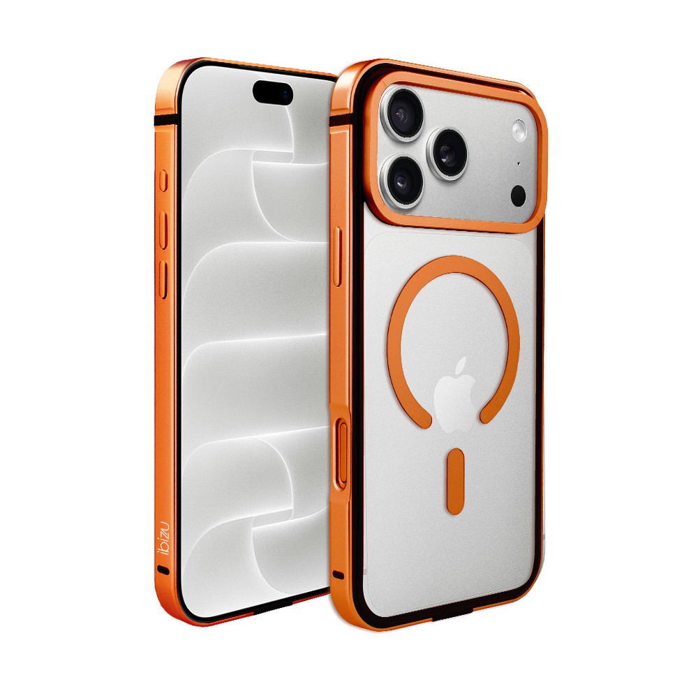 etui do iphone 18 pro ibizu elite skin z magsafe, krystalicznie czyste z metalową ramką, pomarańczowe