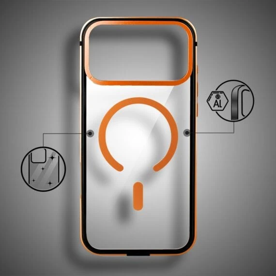 etui do iphone 18 pro ibizu elite skin z magsafe, krystalicznie czyste z metalową ramką, pomarańczowe