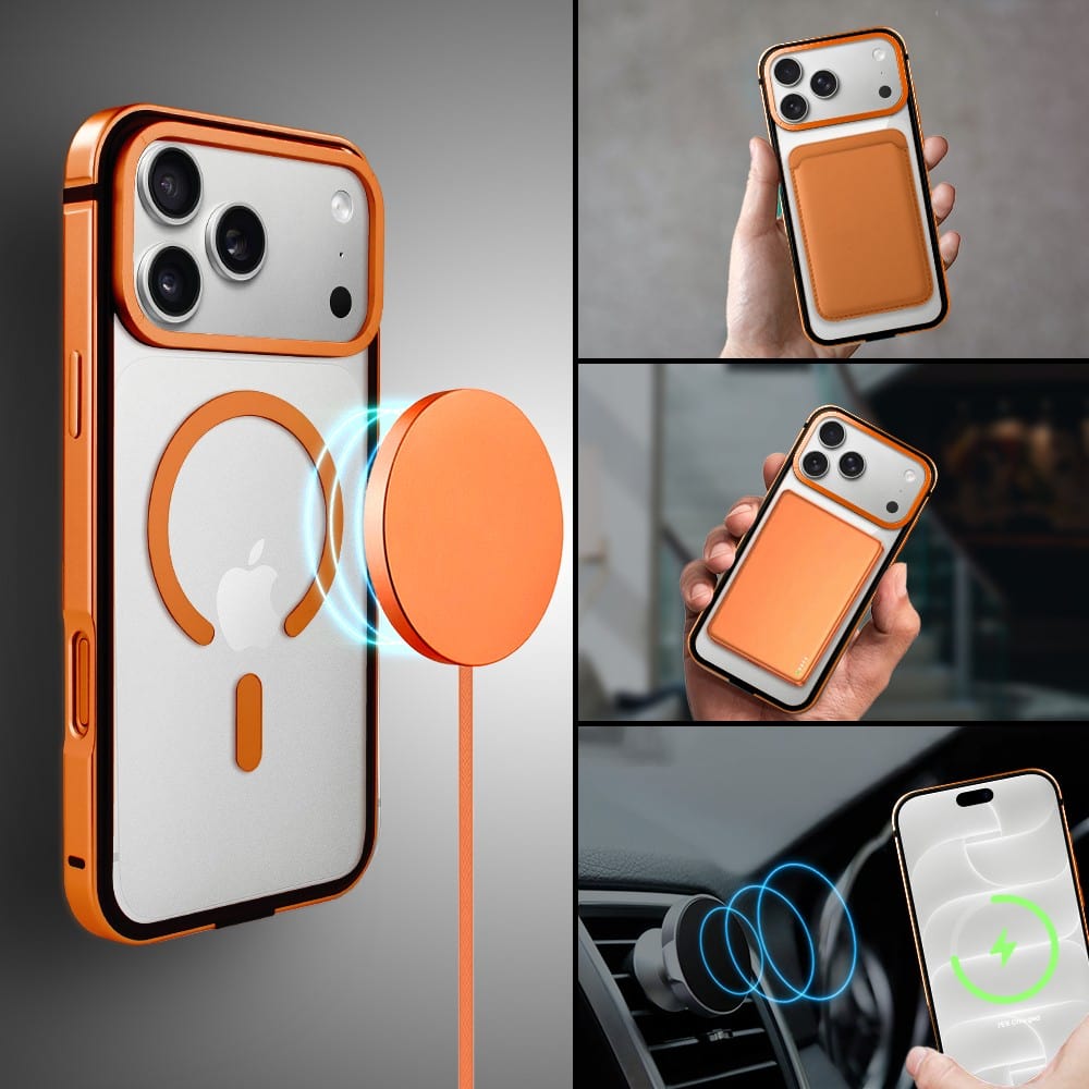 Etui do iPhone 18 Pro IBIZU Elite Skin z MagSafe, krystalicznie czyste z metalową ramką, pomarańczowe (4) etui do iphone 18 pro ibizu elite skin z magsafe, krystalicznie czyste z metalową ramką, pomarańczowe
