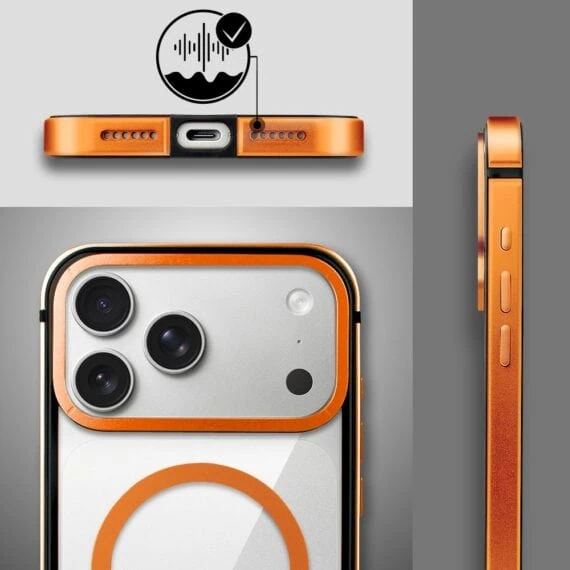 etui do iphone 18 pro ibizu elite skin z magsafe, krystalicznie czyste z metalową ramką, pomarańczowe