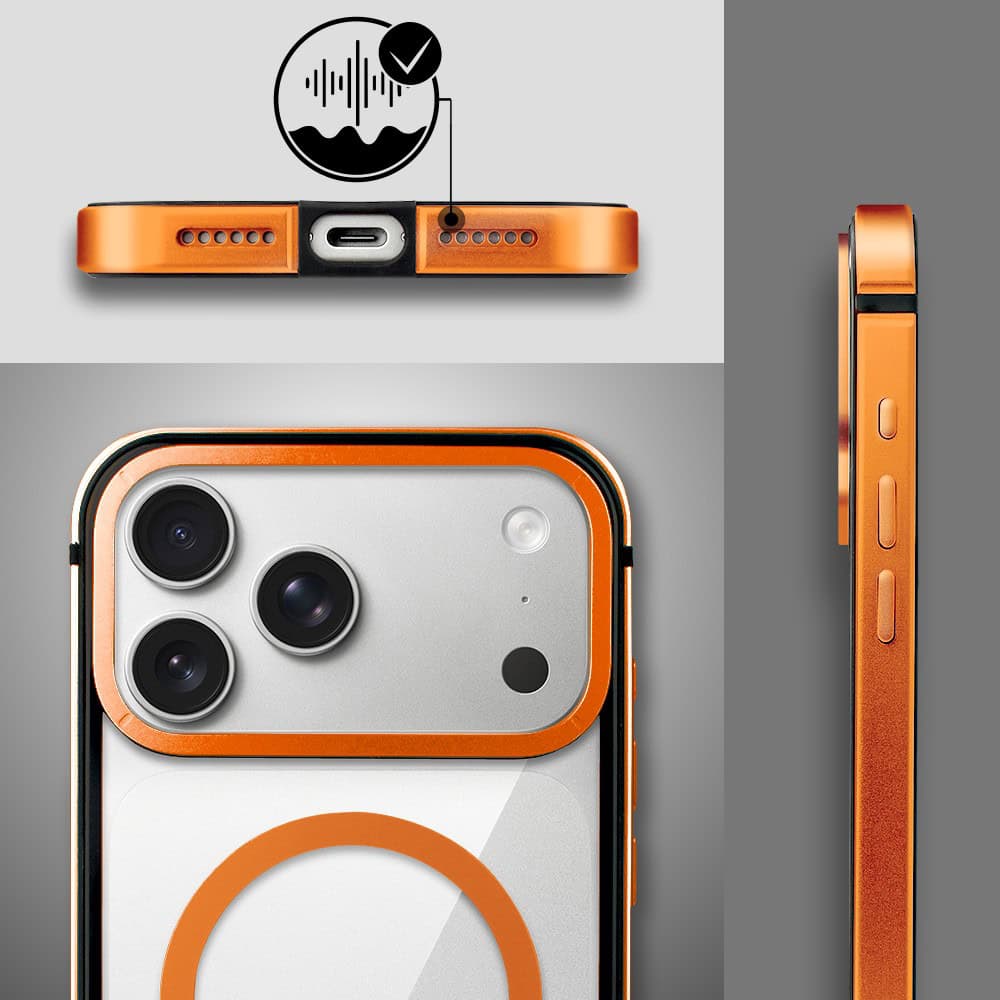 Etui do iPhone 18 Pro IBIZU Elite Skin z MagSafe, krystalicznie czyste z metalową ramką, pomarańczowe (7) etui do iphone 18 pro ibizu elite skin z magsafe, krystalicznie czyste z metalową ramką, pomarańczowe