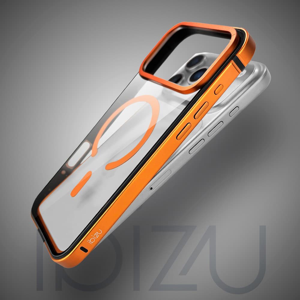 Etui do iPhone 18 Pro IBIZU Elite Skin z MagSafe, krystalicznie czyste z metalową ramką, pomarańczowe (9) etui do iphone 18 pro ibizu elite skin z magsafe, krystalicznie czyste z metalową ramką, pomarańczowe