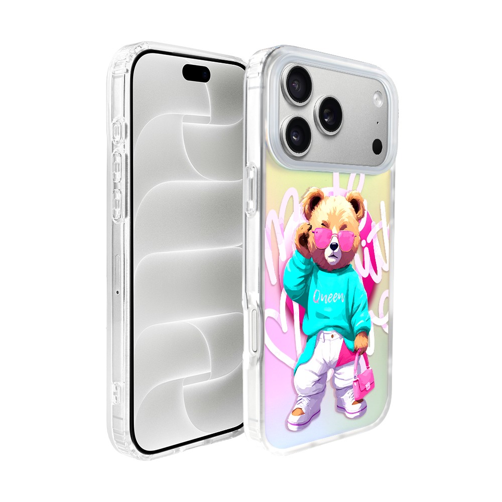 etui do iphone 18 pro max magsafe bear with me, pink queen, stylowy miś, zmieniające kolor