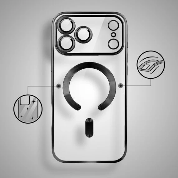 etui do iphone 18 pro magsafe luxury protect przeźroczyste, z osłoną aparatu, titanium finish, czarne