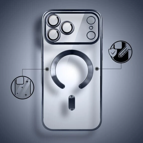 etui do iphone 18 pro magsafe luxury protect przeźroczyste, z osłoną aparatu, titanium finish, granatowe
