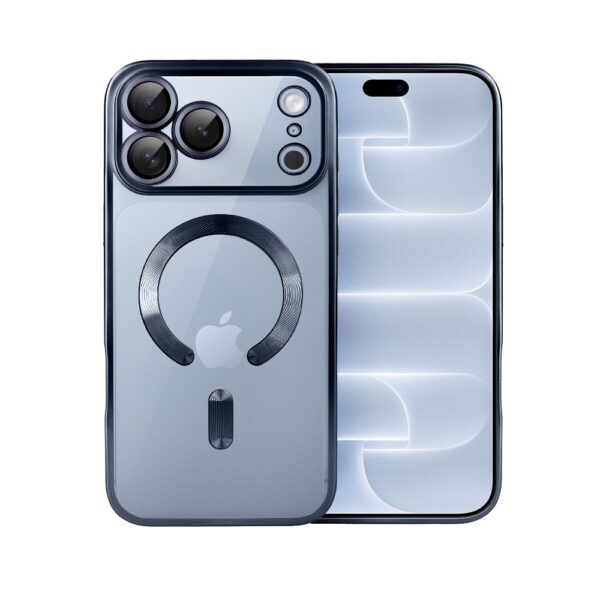 Etui do iPhone 18 Pro MagSafe Luxury Protect przeźroczyste, z osłoną aparatu, Titanium Finish, granatowe
