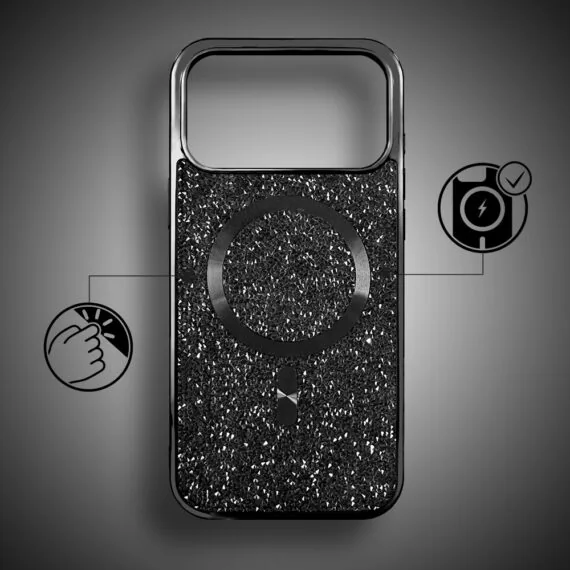 etui do iphone 18 pro magsafe tresury case, diamentowe, z błyszczącą ramką, czarne