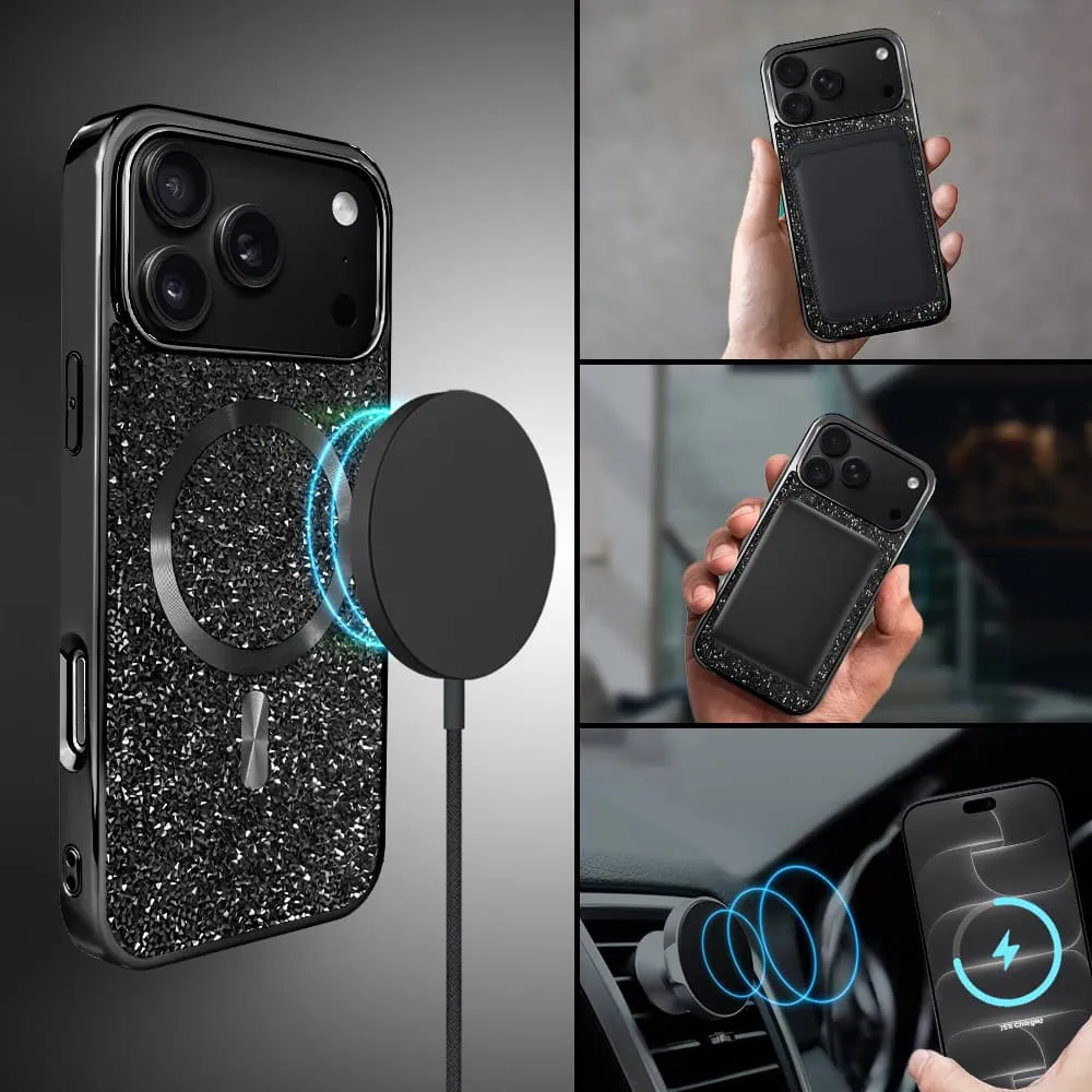 etui do iphone 18 pro magsafe tresury case, diamentowe, z błyszczącą ramką, czarne