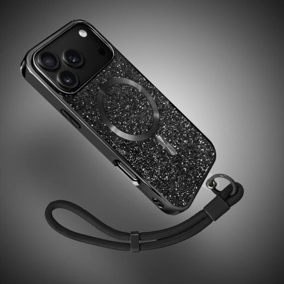 etui do iphone 18 pro magsafe tresury case, diamentowe, z błyszczącą ramką, czarne