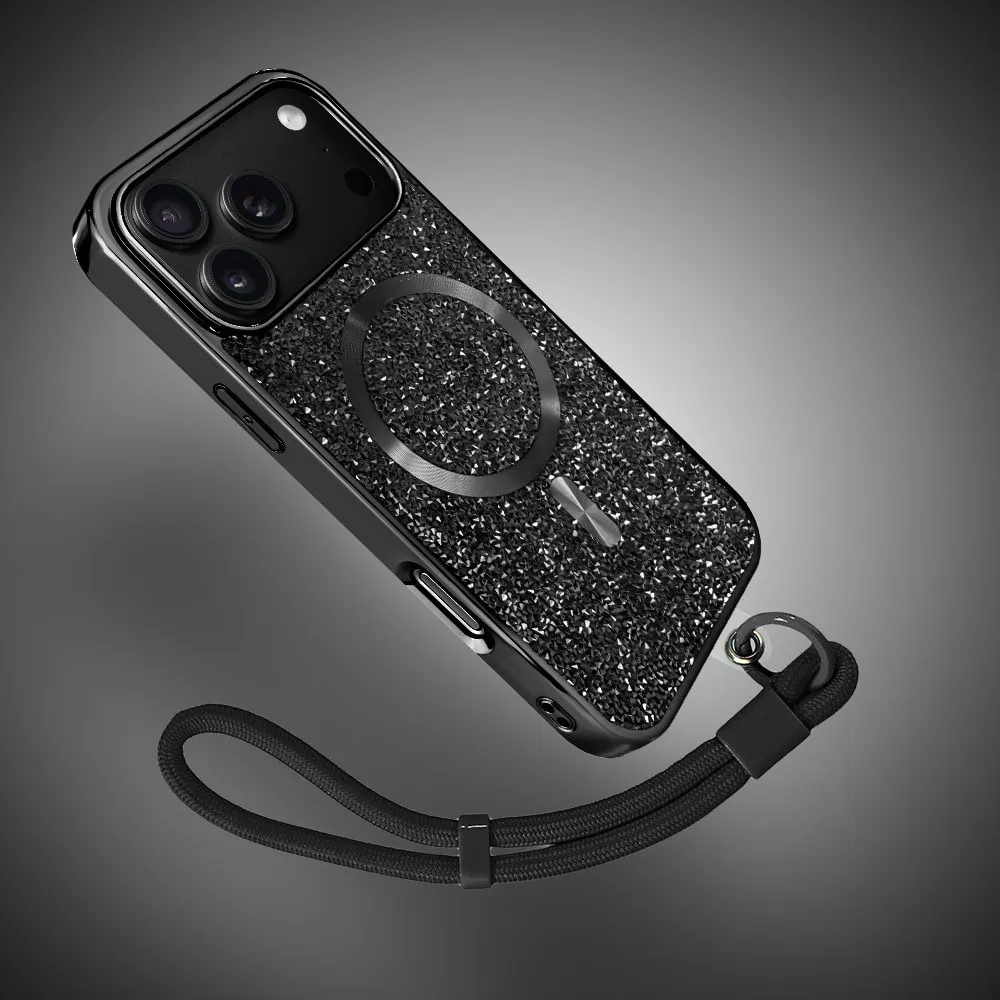 etui do iphone 18 pro magsafe tresury case, diamentowe, z błyszczącą ramką, czarne