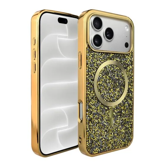 etui do iphone 18 pro magsafe tresury case, diamentowe, z błyszczącą ramką, złote