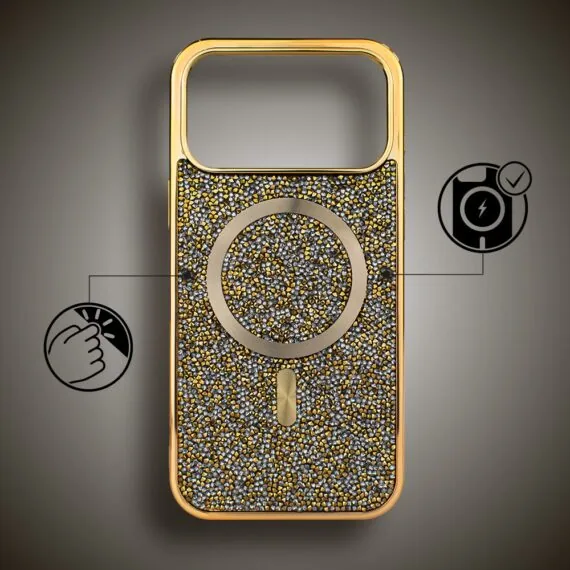 etui do iphone 18 pro magsafe tresury case, diamentowe, z błyszczącą ramką, złote