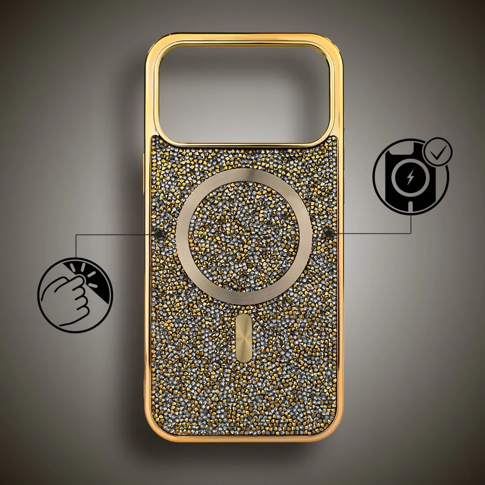 etui do iphone 18 pro magsafe tresury case, diamentowe, z błyszczącą ramką, złote