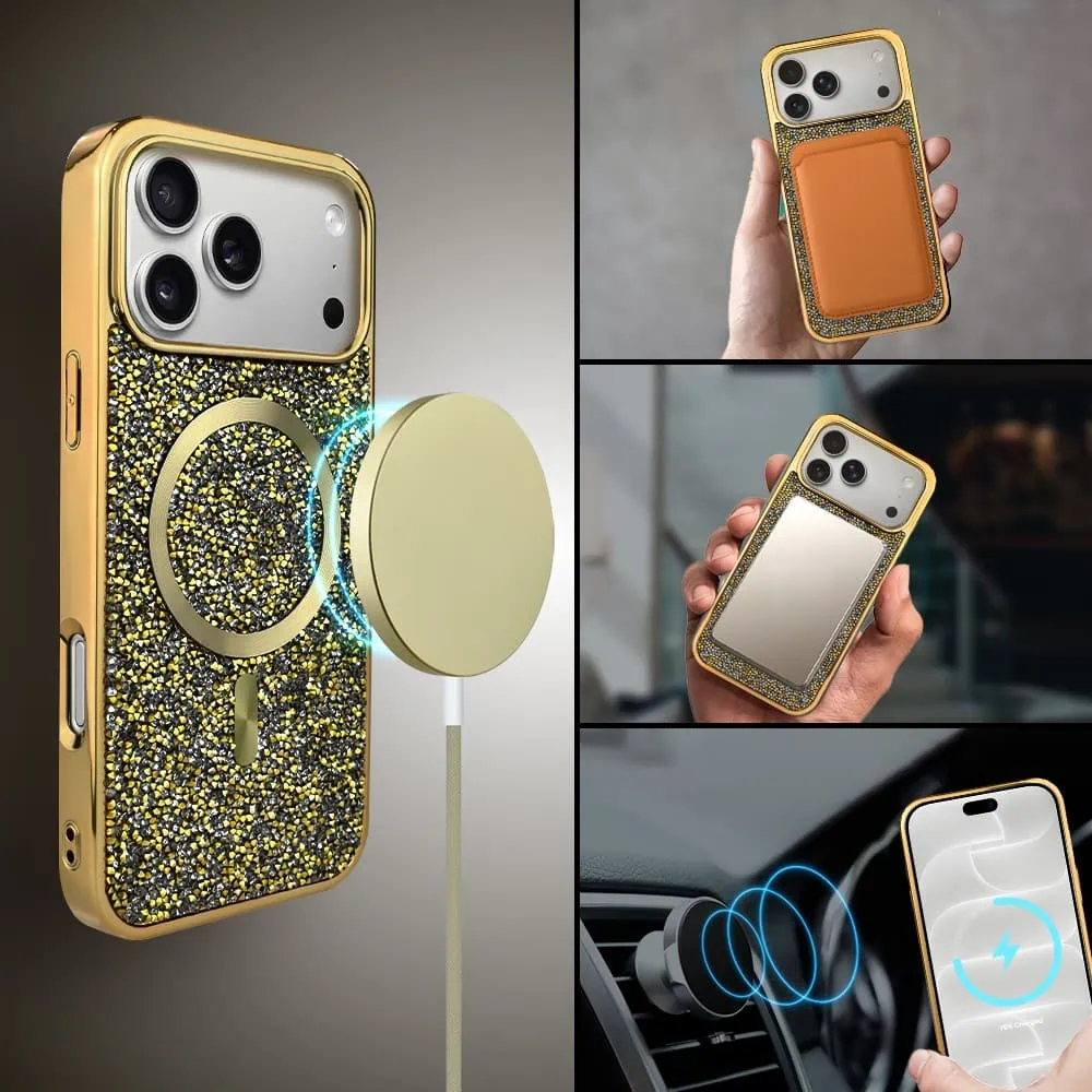 etui do iphone 18 pro magsafe tresury case, diamentowe, z błyszczącą ramką, złote