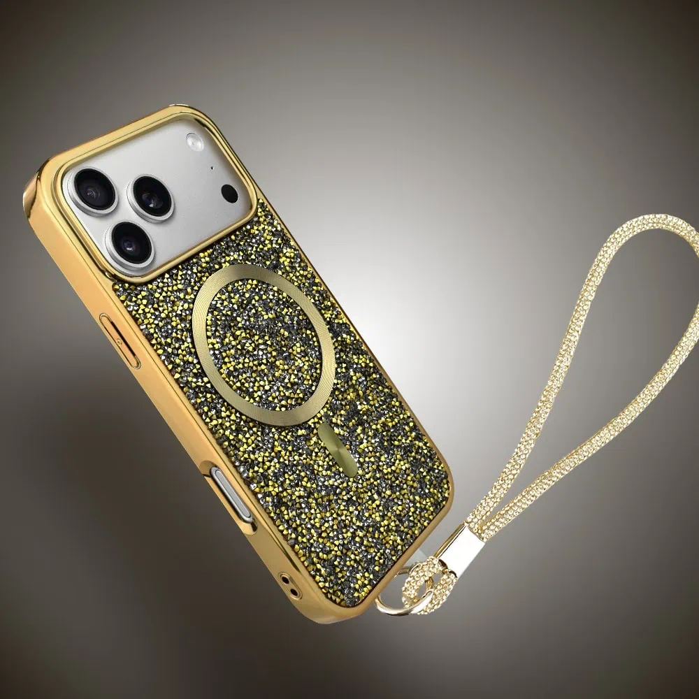 etui do iphone 18 pro magsafe tresury case, diamentowe, z błyszczącą ramką, złote