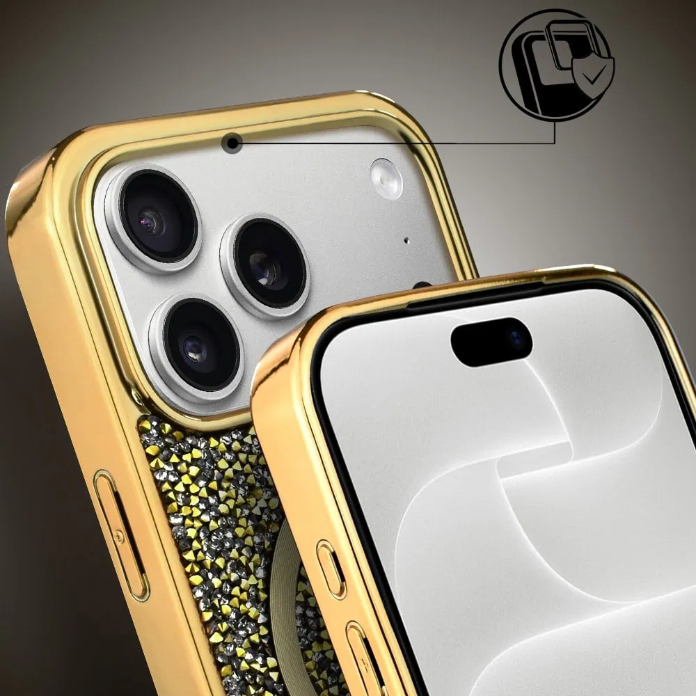 etui do iphone 18 pro magsafe tresury case, diamentowe, z błyszczącą ramką, złote