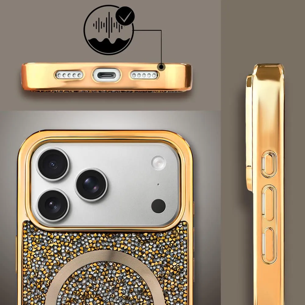 etui do iphone 18 pro magsafe tresury case, diamentowe, z błyszczącą ramką, złote