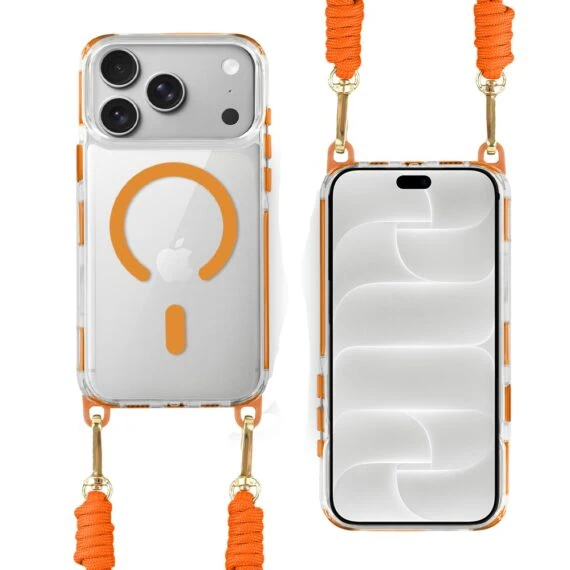 etui do iphone 18 pro, magsafe, ze smyczą, na ramię, crossbody, pomarańczowe